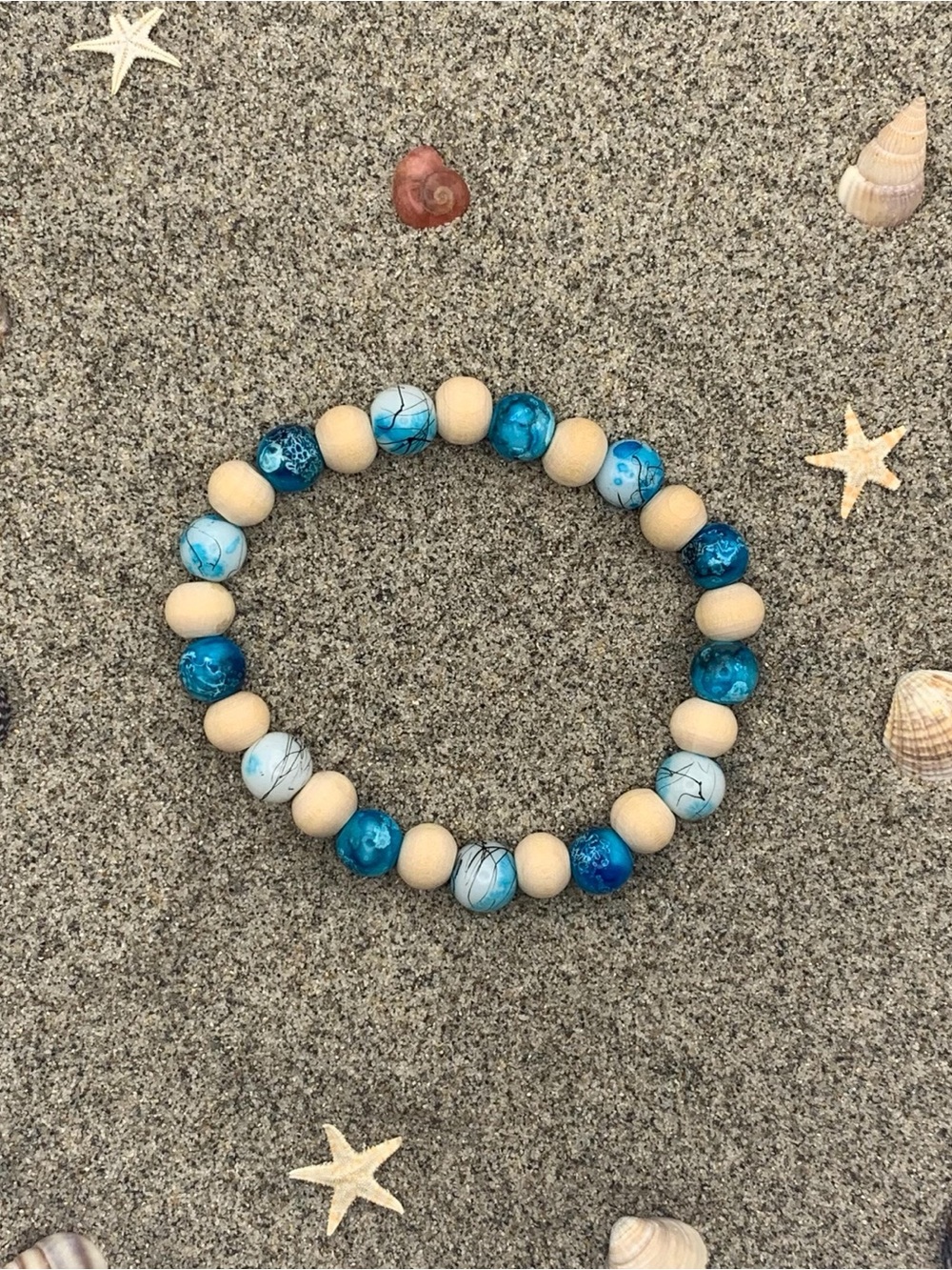 Blue and Wood Beaded Stretch Bracelet